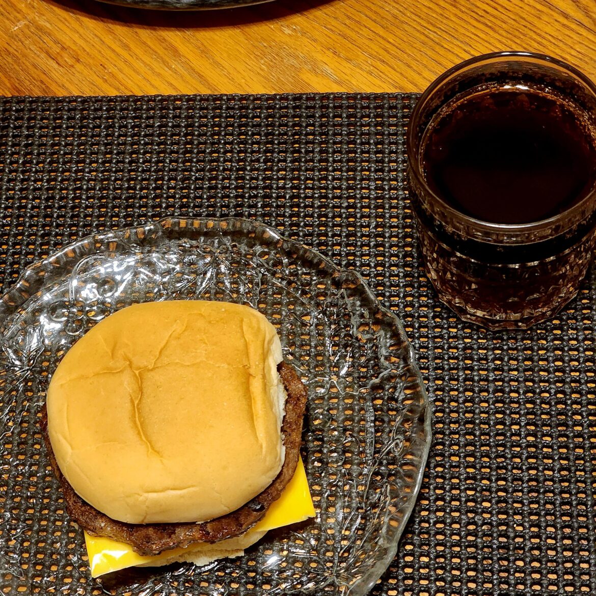 Cheeseburger and root beer at midnight