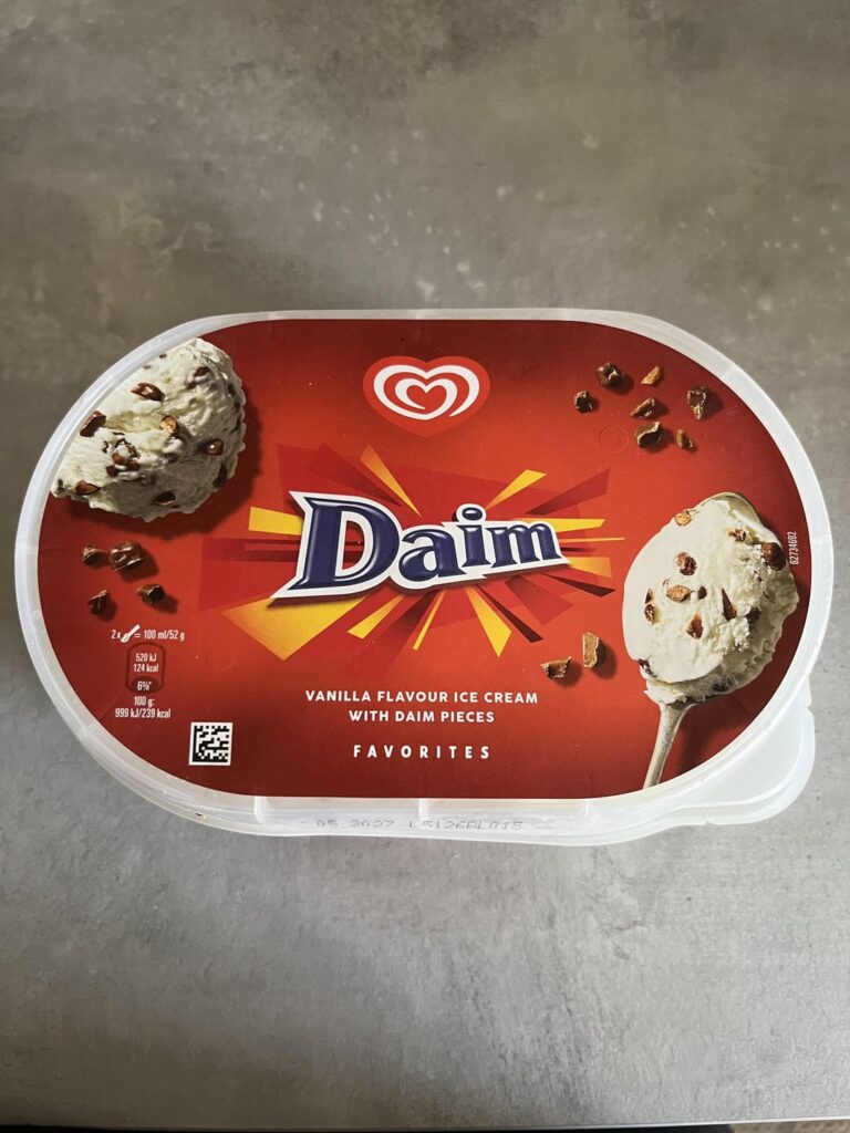 GB Glace - Vanilla/daim ice cream (daim = crunchy almond caramel covered in milk chocolate).