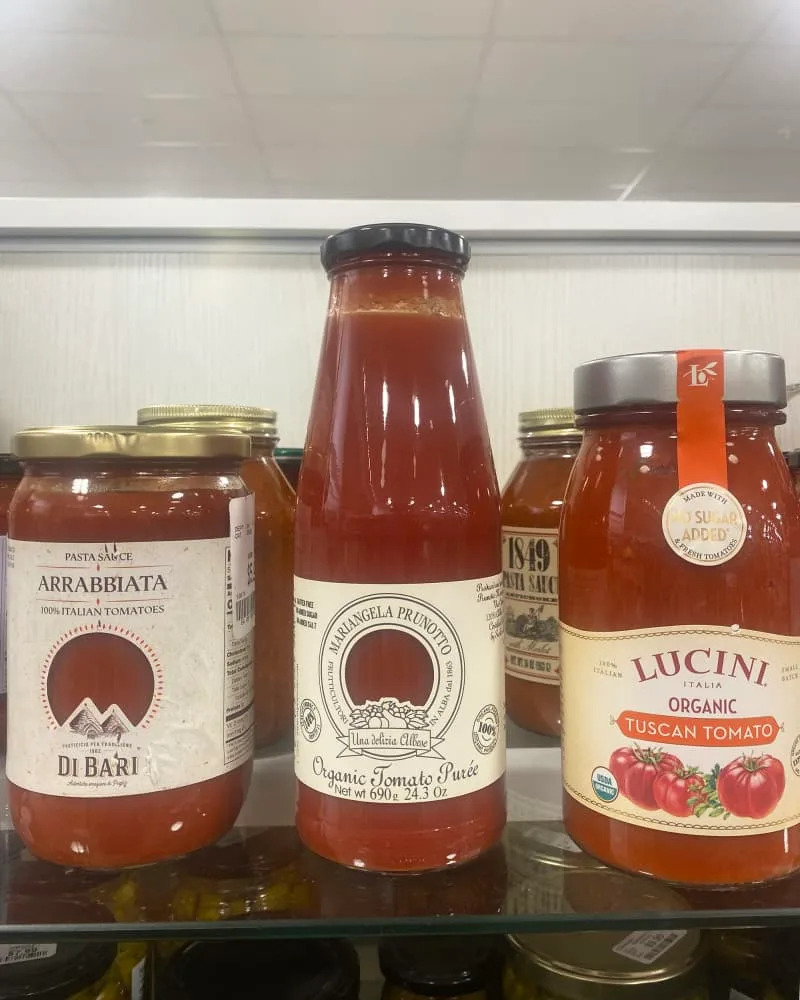 3 different tomato sauces on shelf at Marshalls