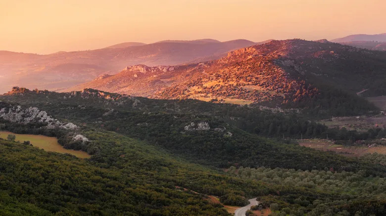 A sunset over Turkish mountains planted with olive groves