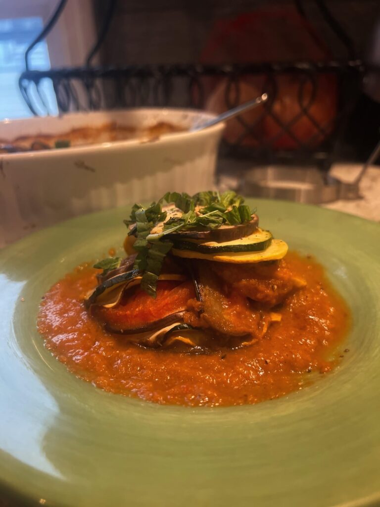I made my boyfriend “ratatouille” ( whatever it’s really called) for date night, served with an almond ricotta and bread on the side