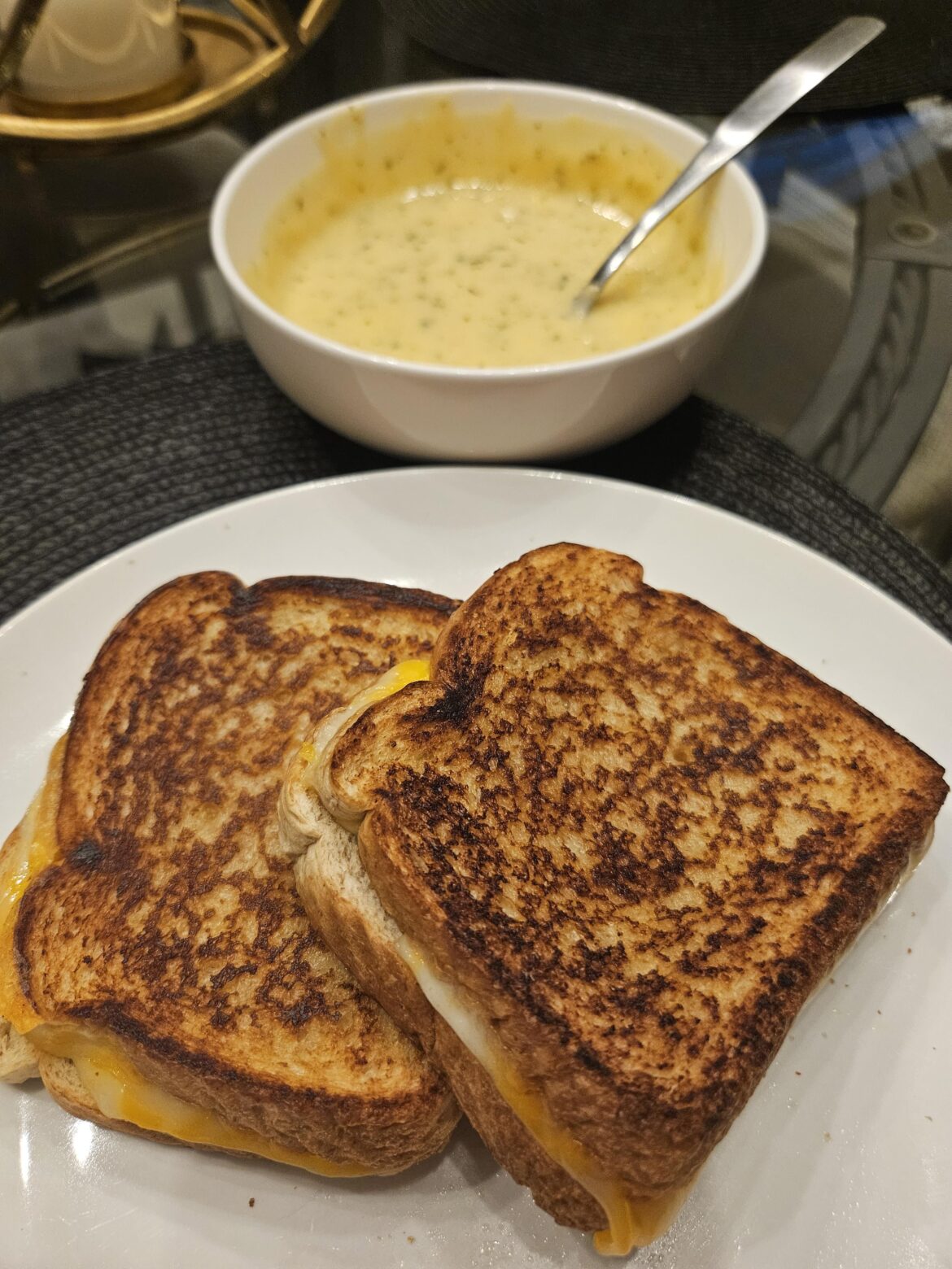 Cheddar broc soup with colby jack grilled cheese