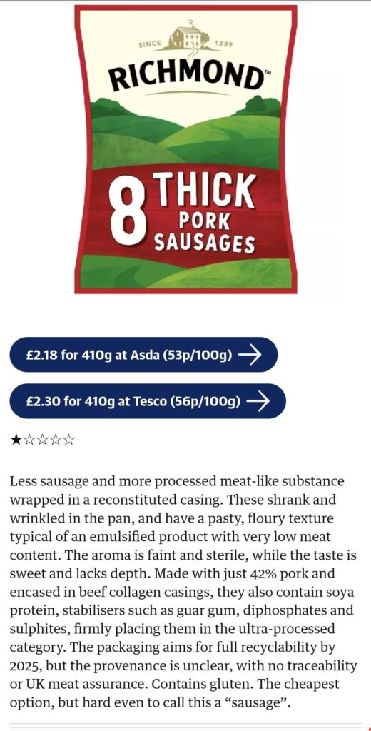 Guardian review of supermarket sausages