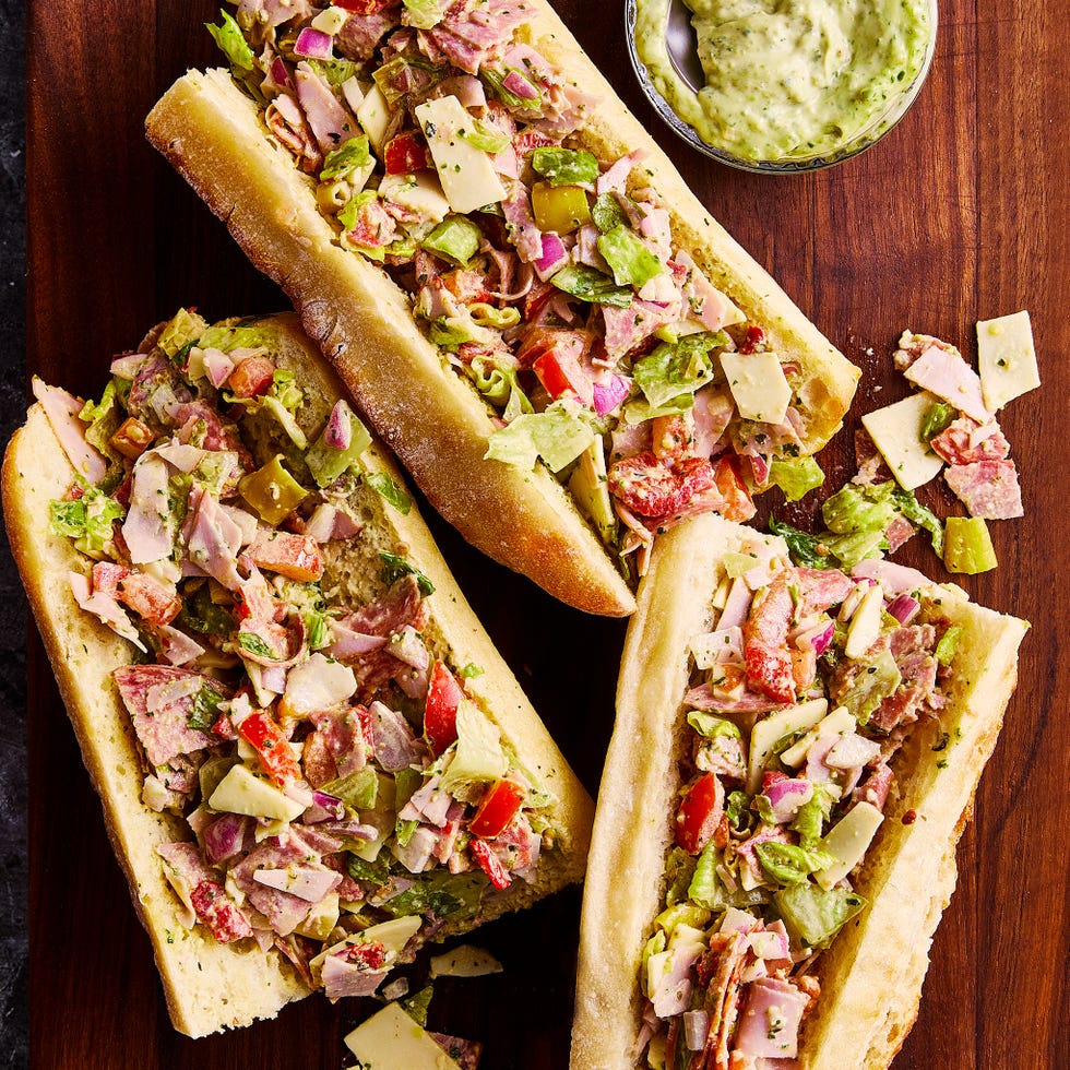 black forest ham, genoa salami, hot soppressata, and provolone cheese, chopped with classic italian sandwich veggies and pesto mayo on a toasted ciabatta roll