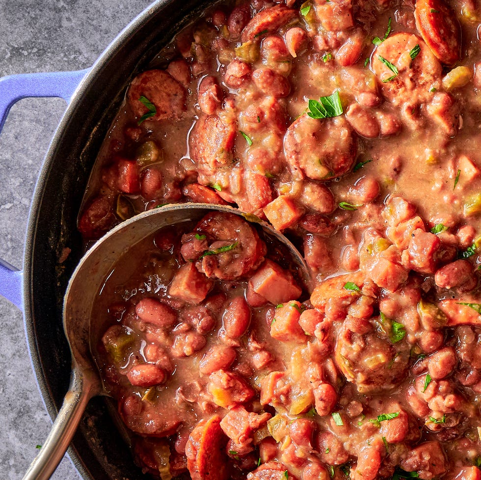 a creole classic with tender, creamy red beans stewed in smoked ham and andouille sausage and flavored with holy trinity vegetables, then served over steamed rice