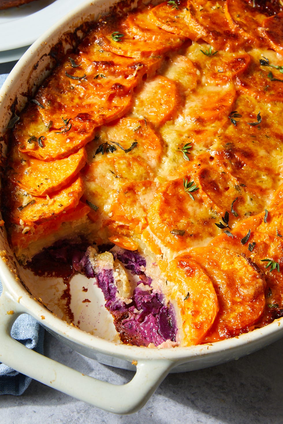 tri color sweet potato gratin with gruyere and thyme
