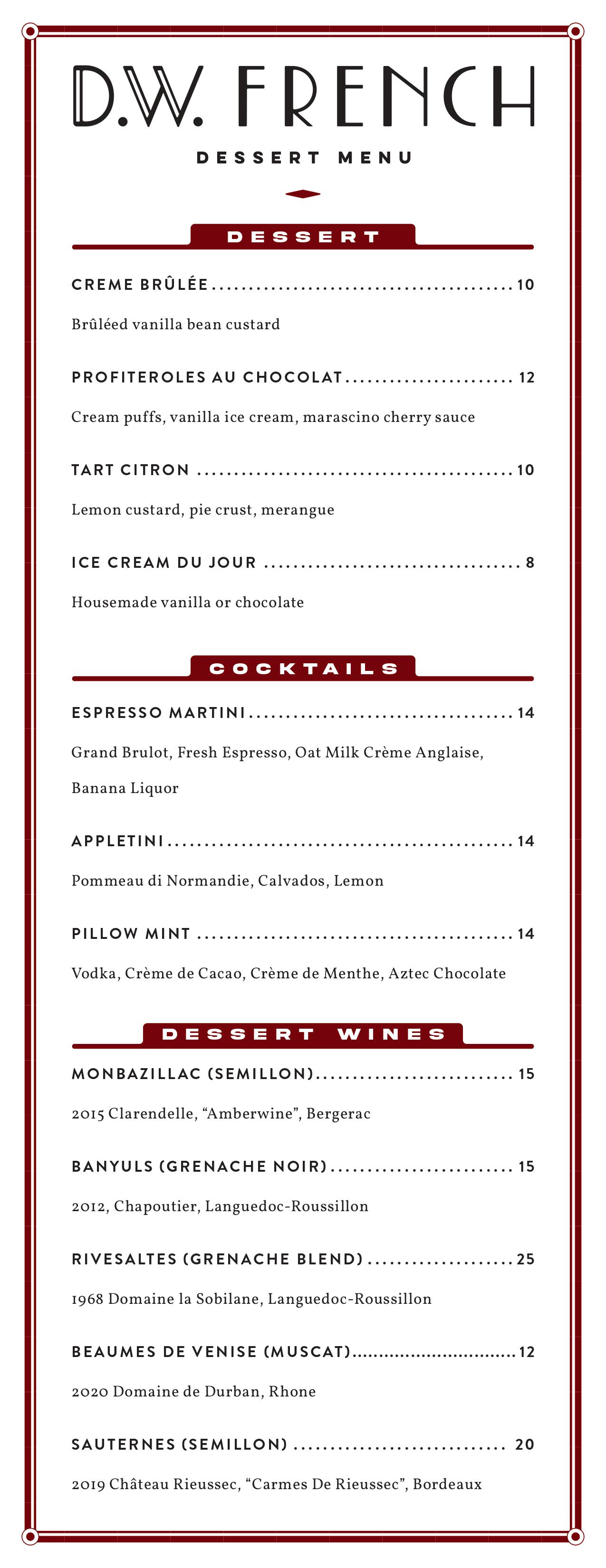 Dessert menu for a restaurant called DW French
