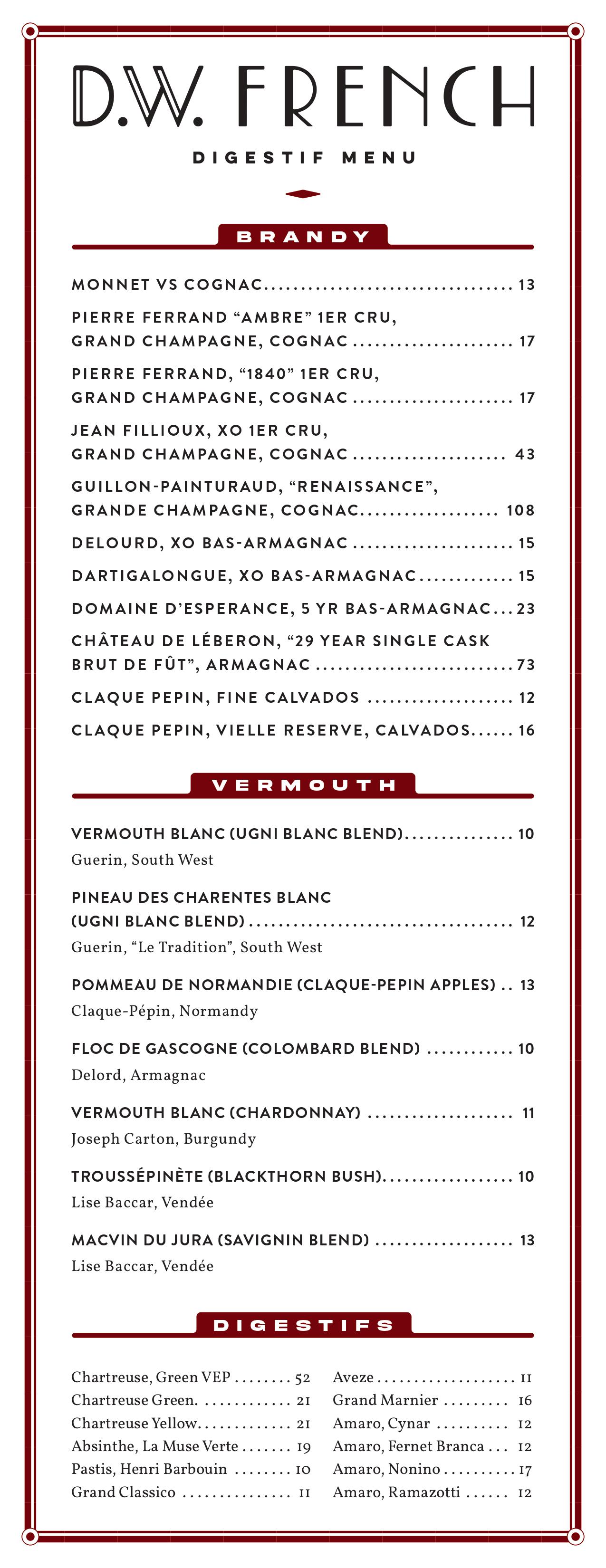 Digestif menu for a restaurant called DW French