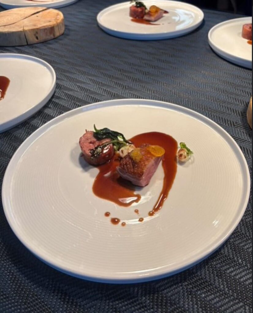 Duck with kumquats and duck neck stuffed with foie gras and pork farce