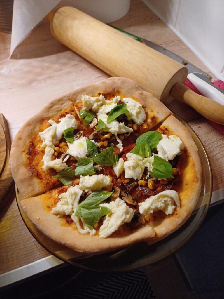 Homemade tomato pizza with mozzarella and salami!