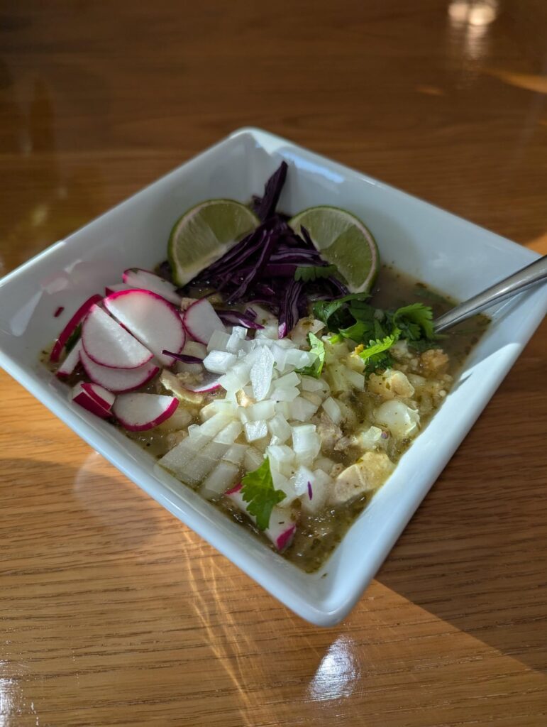 Chicken Pozole Verde with Spanish Rice