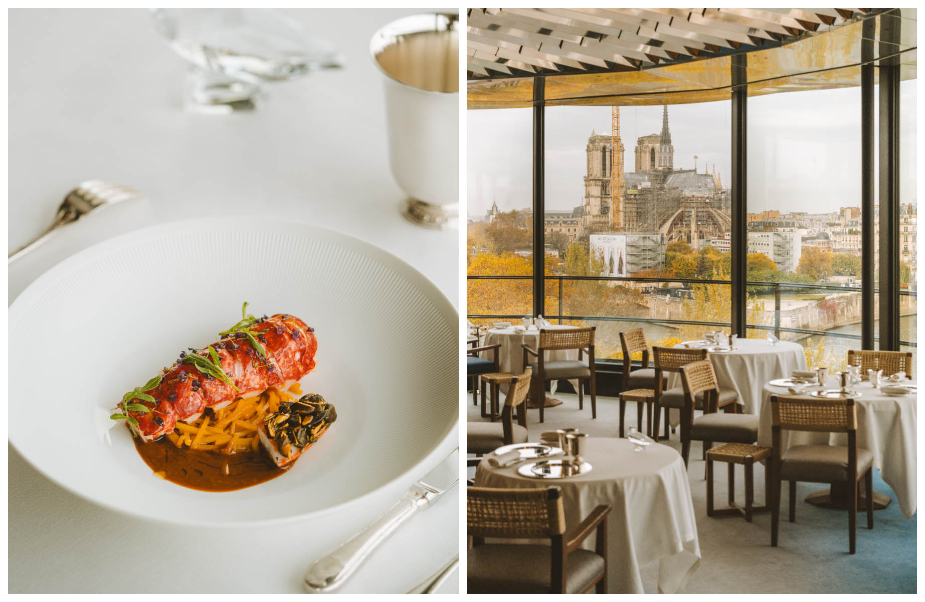 Chef Yannick Franques' lobster tail dish and the view of Notre-Dame Cathedral from the Tour D'Argent dining room. (©Joann Pai)