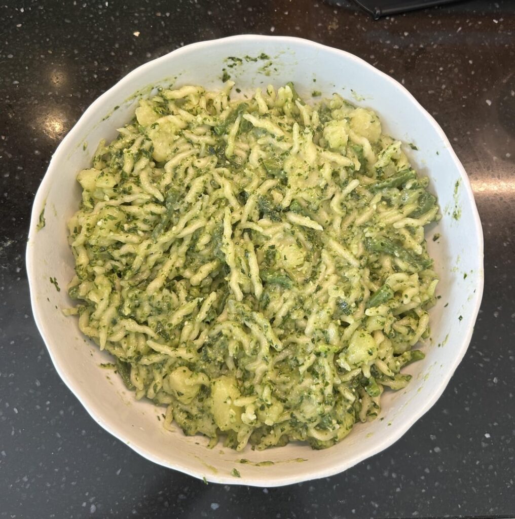 Ligurian meal: Trofie al pesto, patate e fagiolini and Polpettone alla Ligure. Ligurian meal: Trofie al pesto, patate e fagiolini and Polpettone alla Ligure.