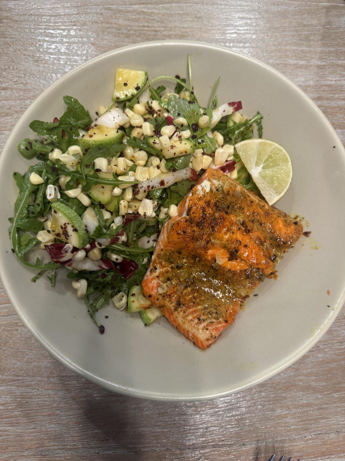 Salmon with zucchini and corn salad