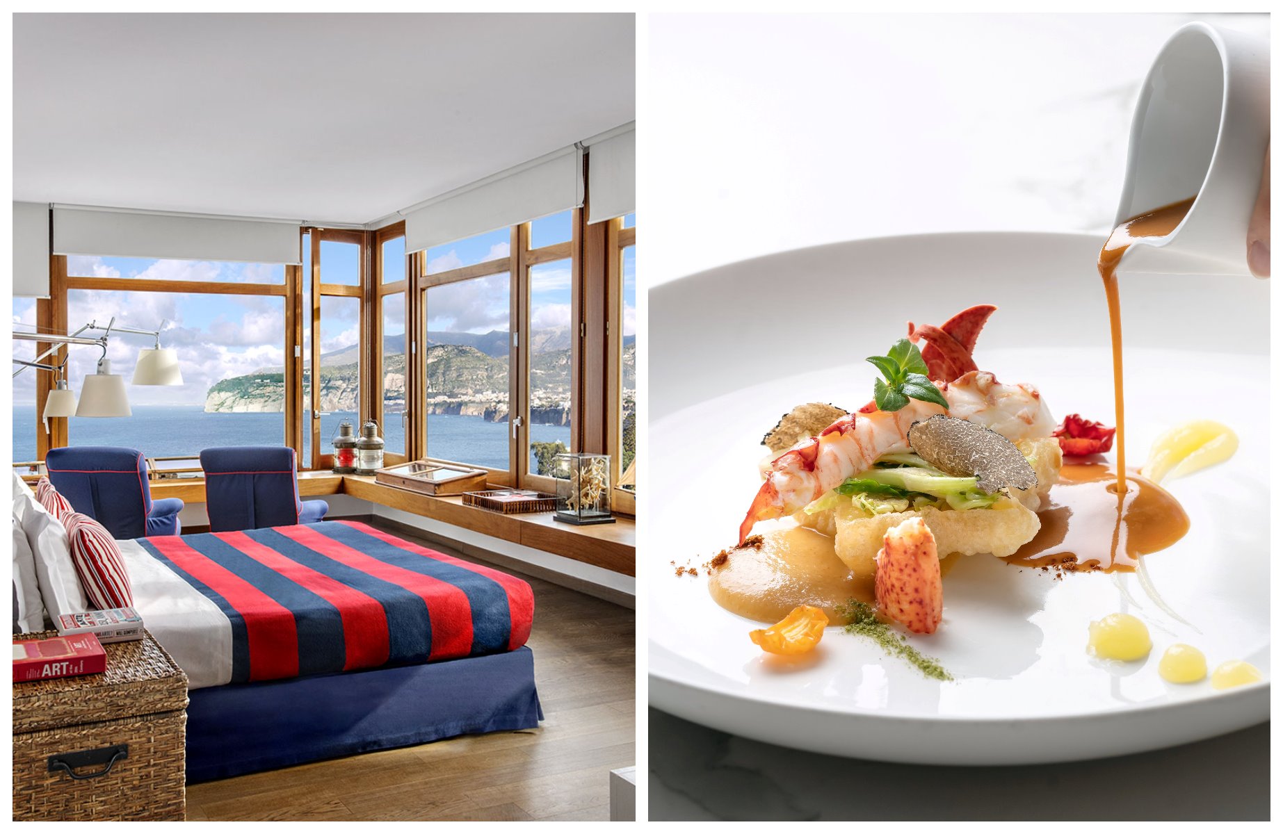 From La Minervetta’s nautical rooms to Gianni De Gennaro’s Il Buco, Sorrento pairs Bay of Naples views with refined Campanian flavors © (L) La Minervetta / (R) Gianni De Gennaro/Il Buco