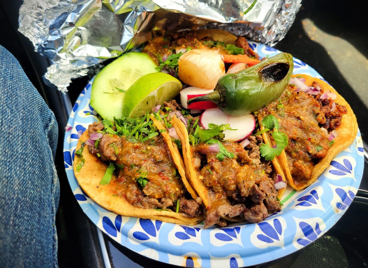 Lunch on the go: two carne asada & two al pastor