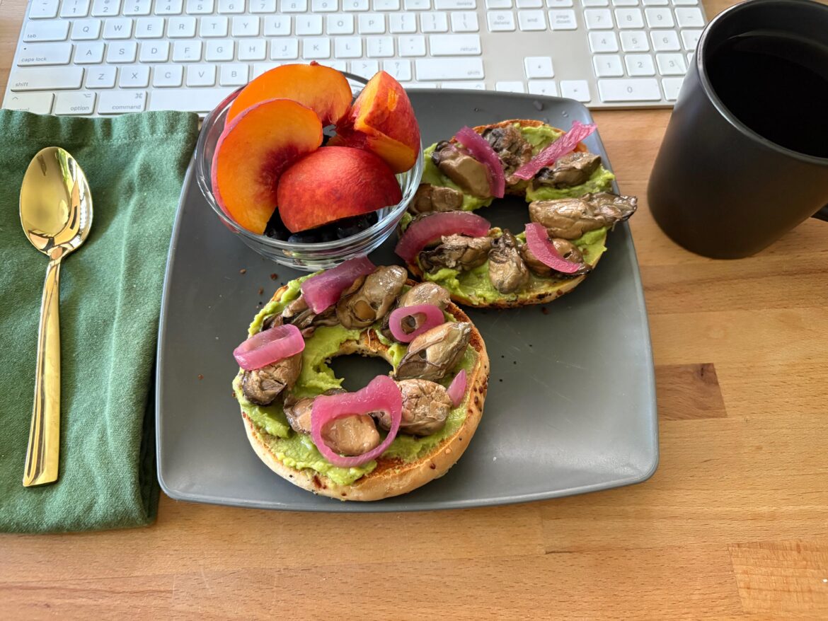 Smoked oysters + avocado + everything bagel