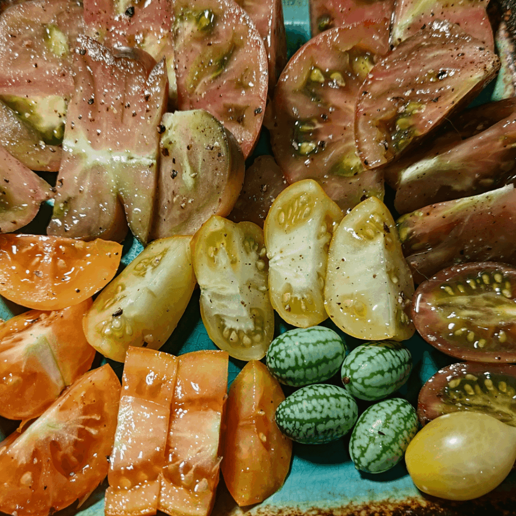 Fruits of my labour for dins! My first ever Cherokee Purple, Phil's One, Barry's Crazy Cherry, Fuzzy Peach, and Atomic Grape!