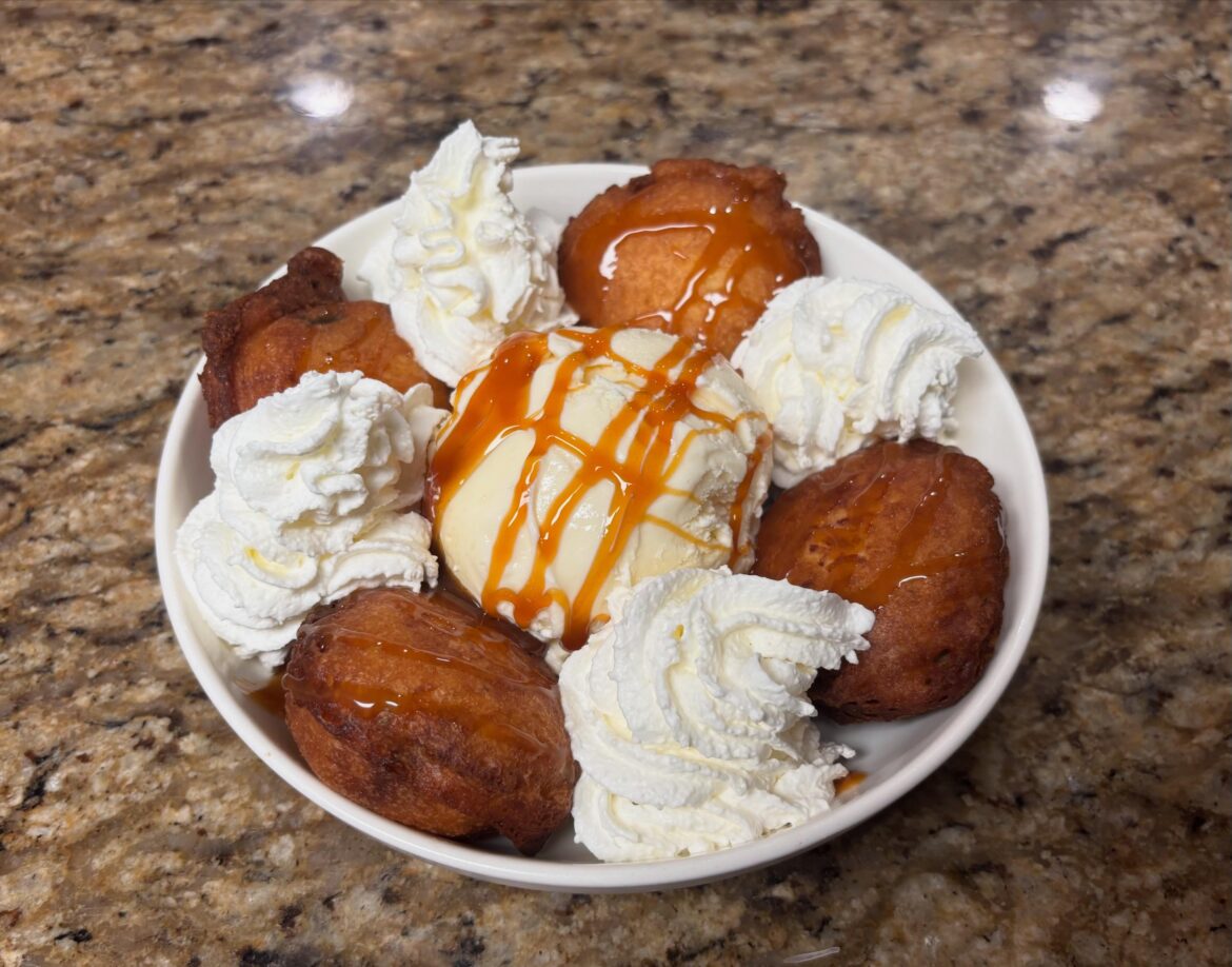 Homemade fried Oreos, vanilla ice cream, whipped cream, salted caramel drizzle