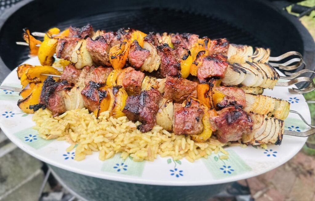 Beef Kabobs with Veggies, over rice.