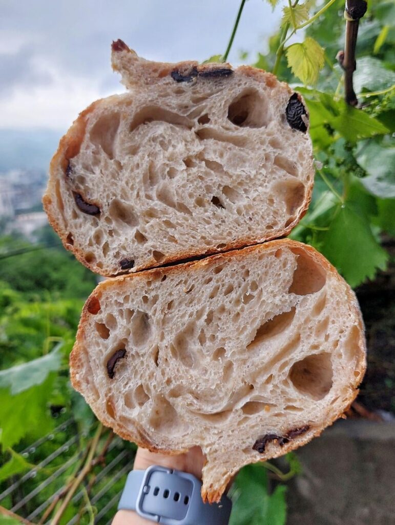My sourdough tartine with dried olives. 18 hours of cold proofing.