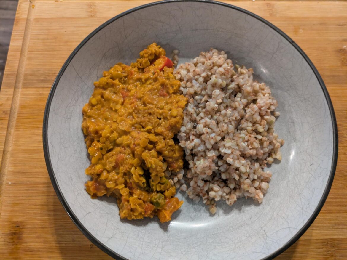 Red lentil curry with a side of buckwheat - not the prettiest, but still absolutely delicious