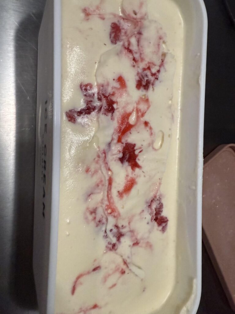 Toasted white chocolate and roasted strawberry ice cream