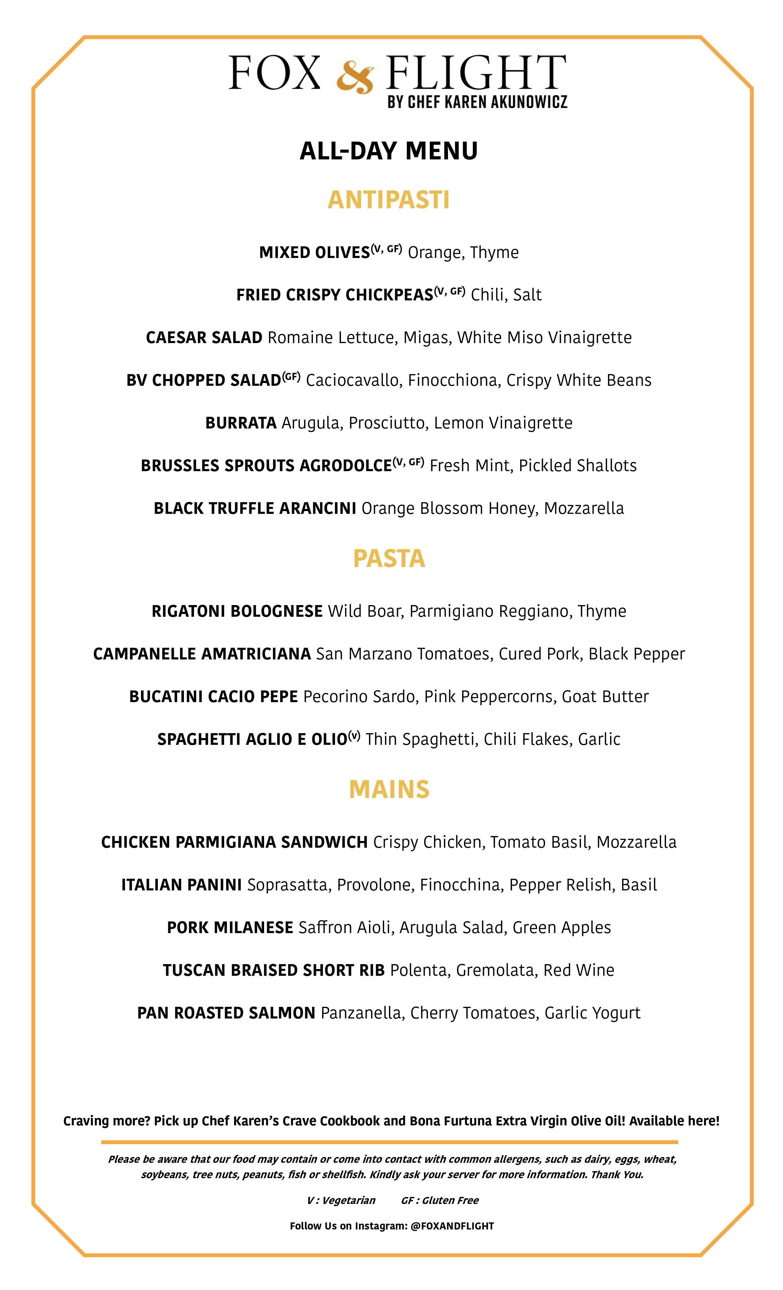 One page of a menu for an Italian restaurant called Fox and Flight.