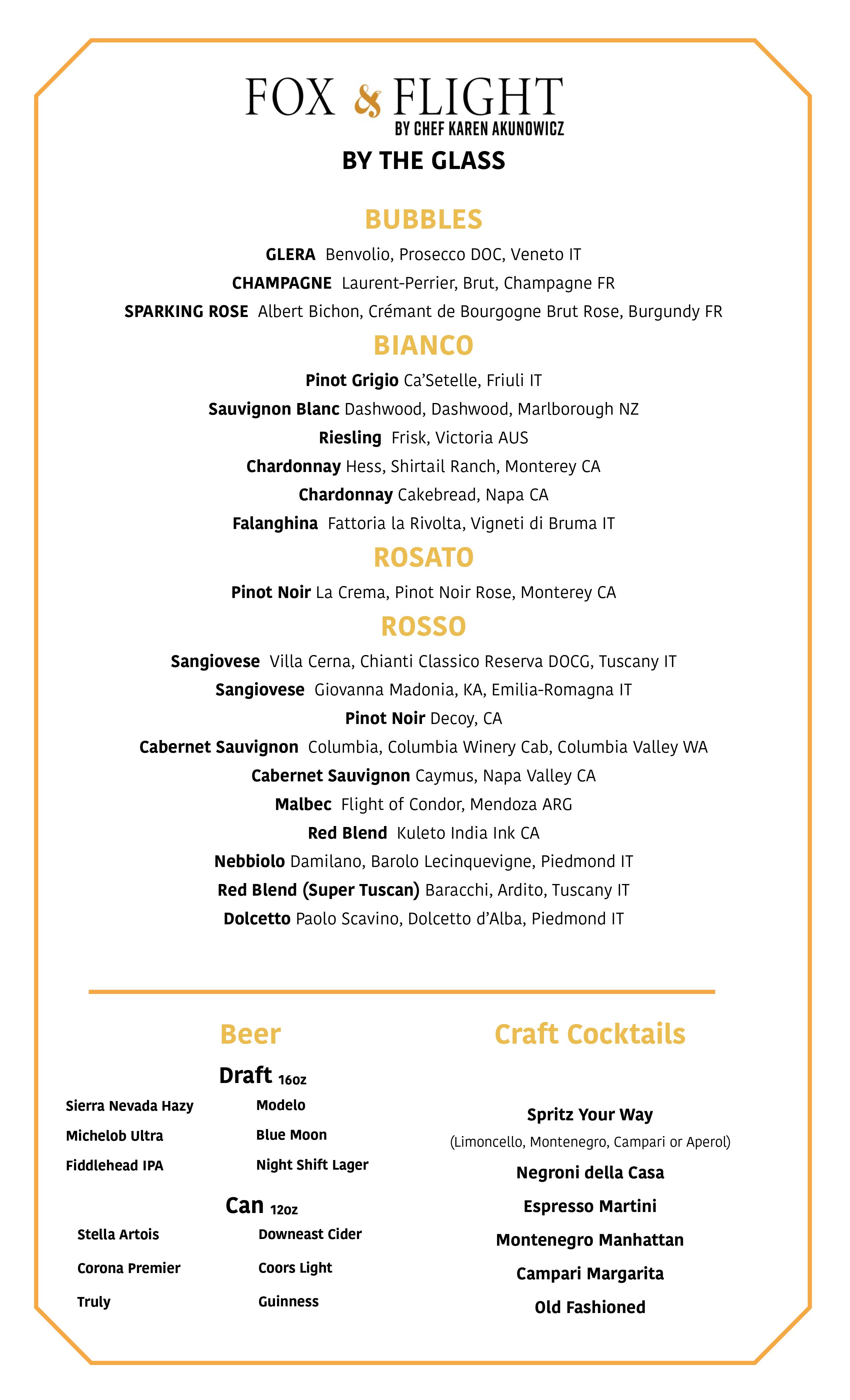One page of a menu for an Italian restaurant called Fox and Flight.