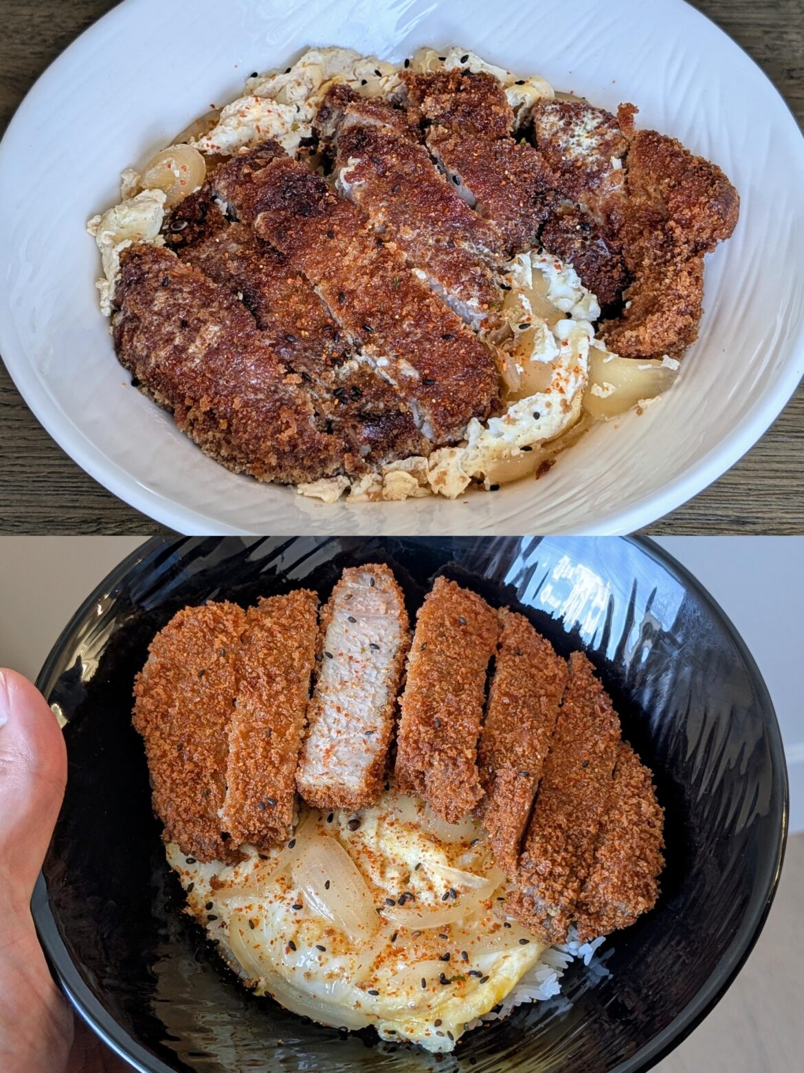 Katsudon in two ways (top is more traditional, bottom is just crispier 😆)
