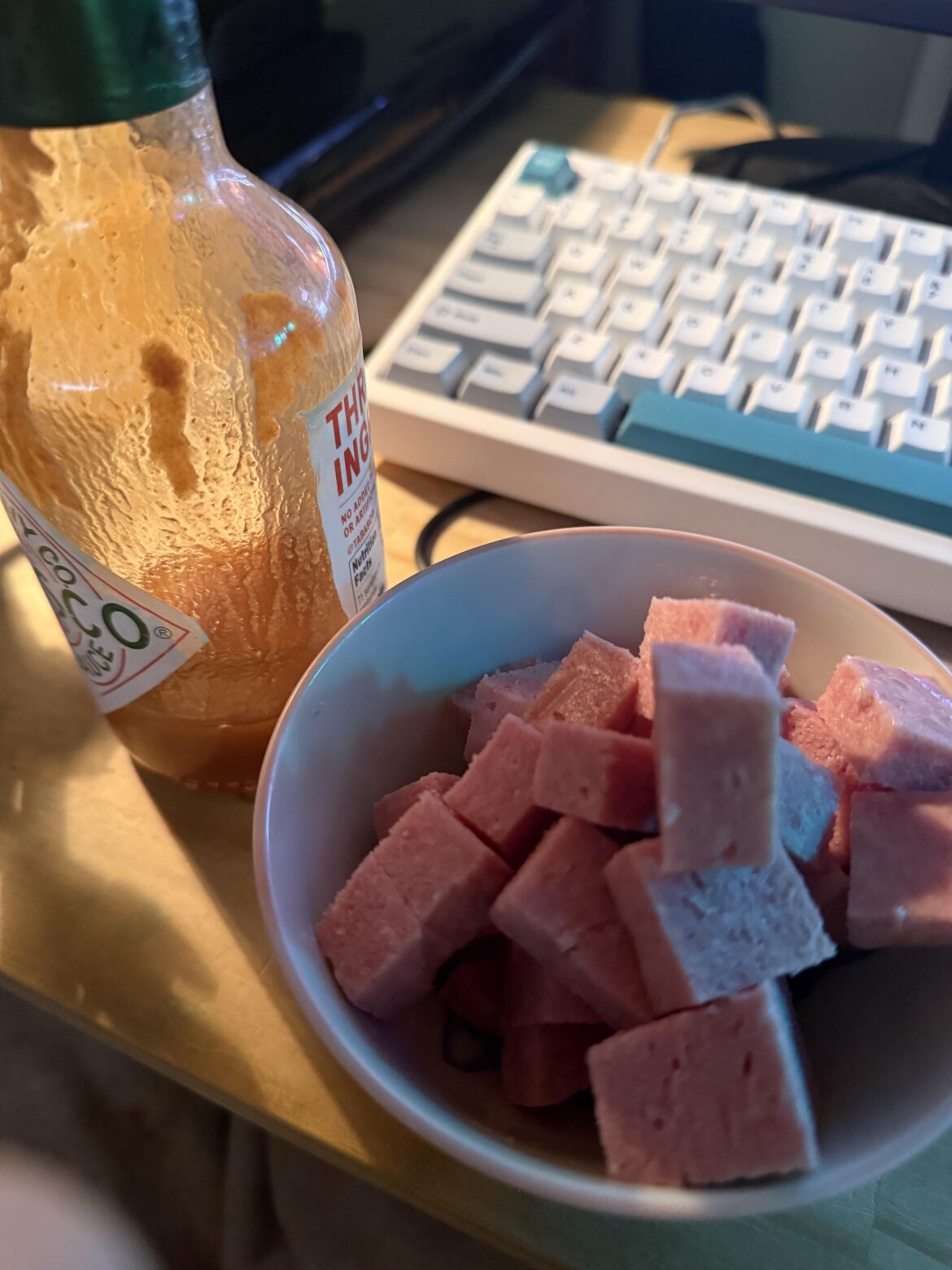 Spam cubes with hot sauce