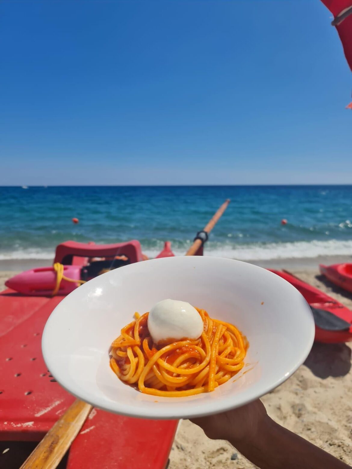 Lifeguard's lunch: spaghetti tomato sauce and mozzarella