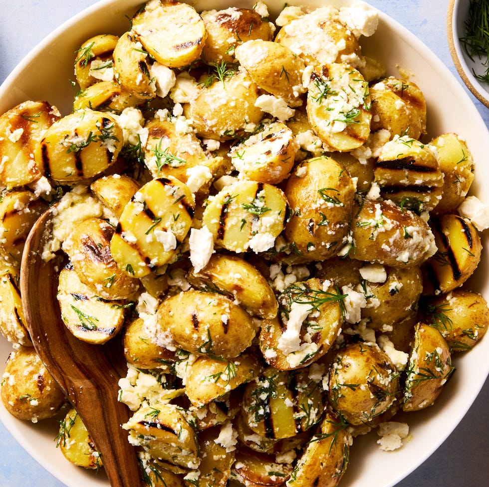 grilled potatoes tossed with a greek inspired feta and lemon sauce