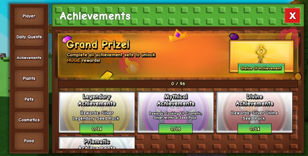 grow a garden achievements screen