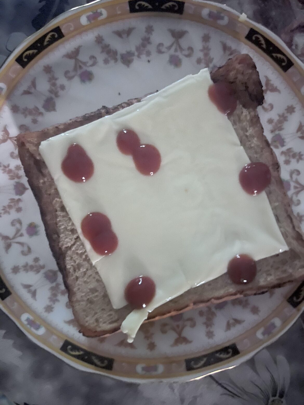 A slide of bread, a slice of cheese, and ketchup! Voila the snack is ready