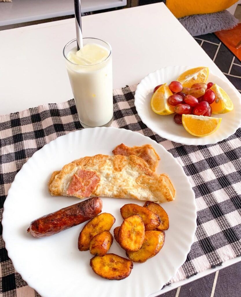 Breakfast, Eggs, plantain and Sausage