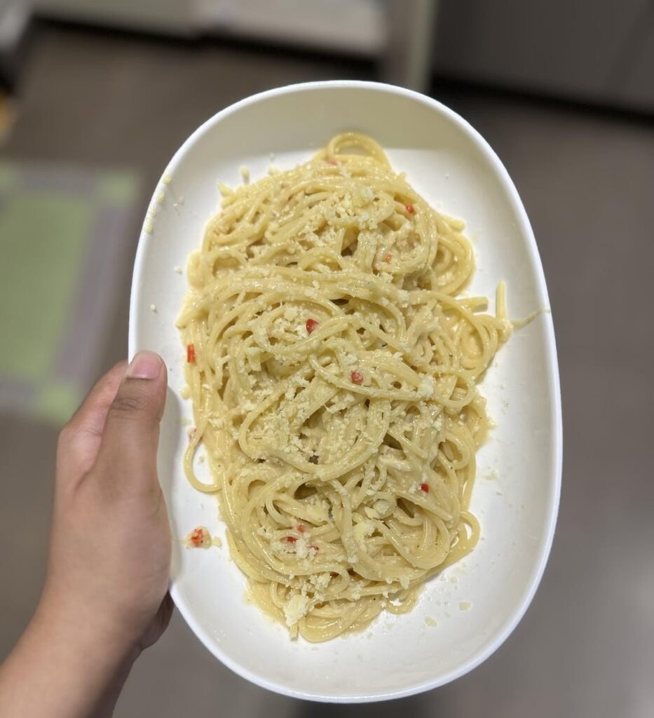 Pasta with , garlic , parmesan , thai chillies - simple yet so good !