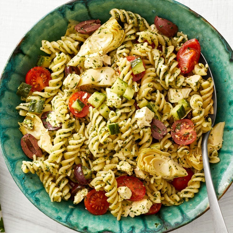 healthy greek pesto pasta salad