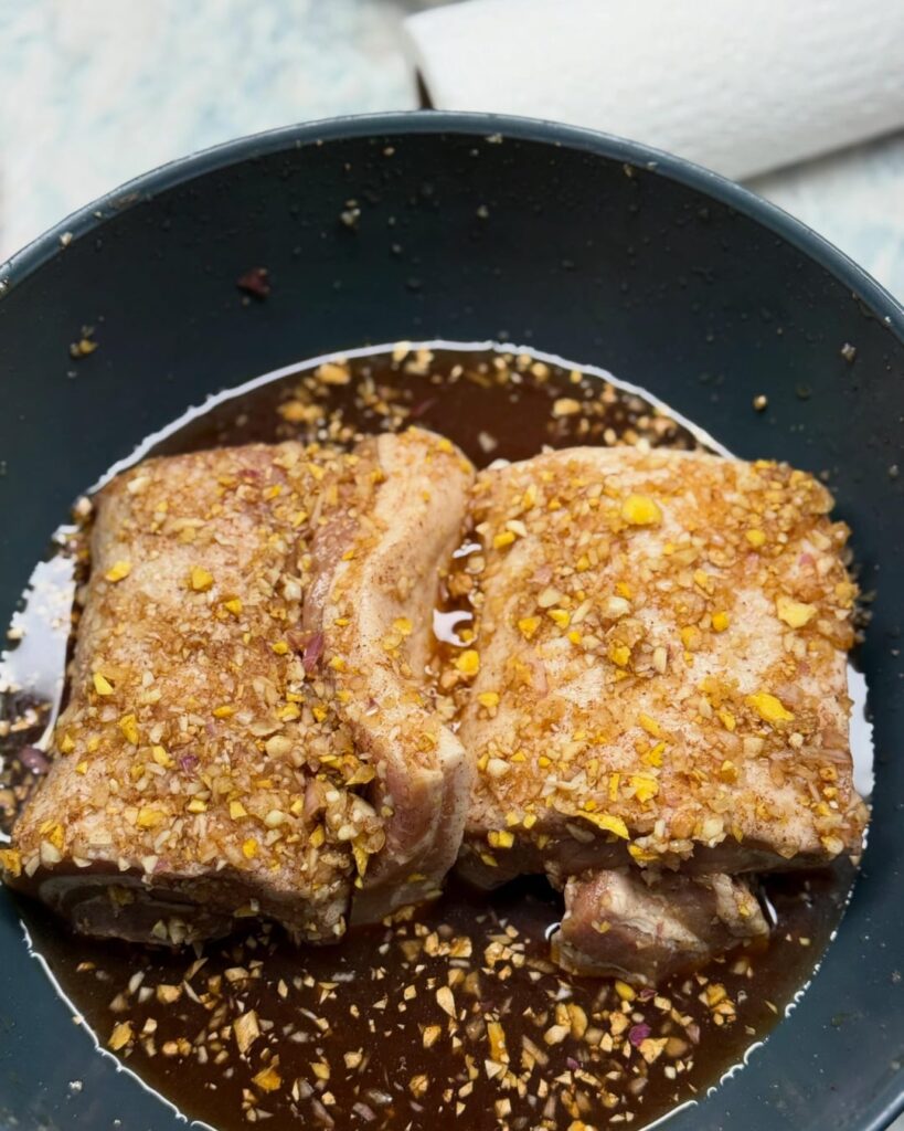 Marinated and smoked pork belly.