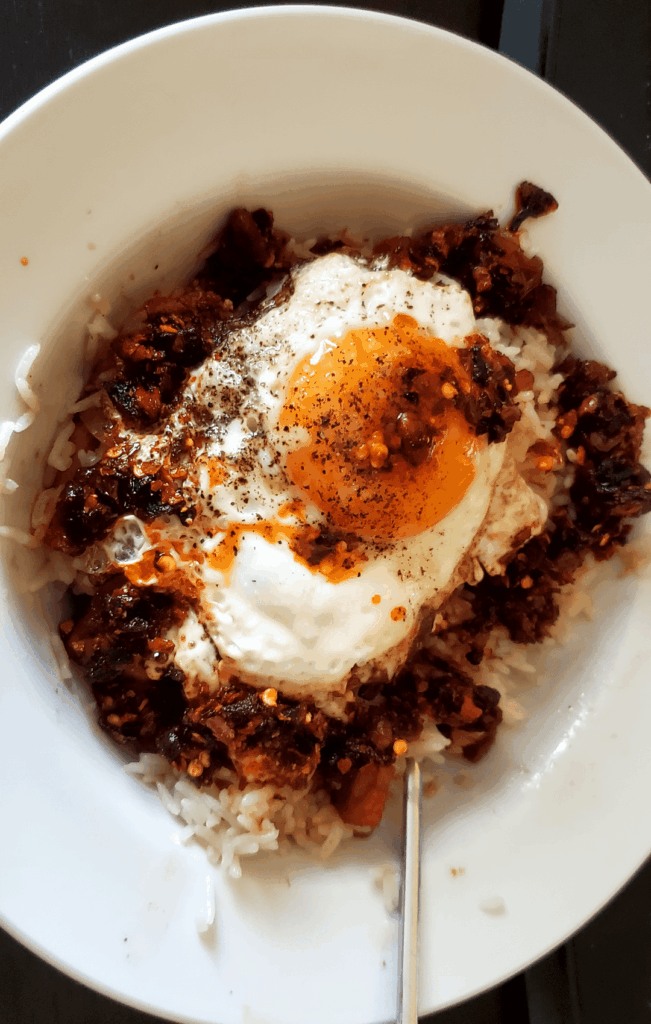 RICE, SPAM, FRIED EGG, LAN GAO MA = BREAKFAST OF CHAMPIONS