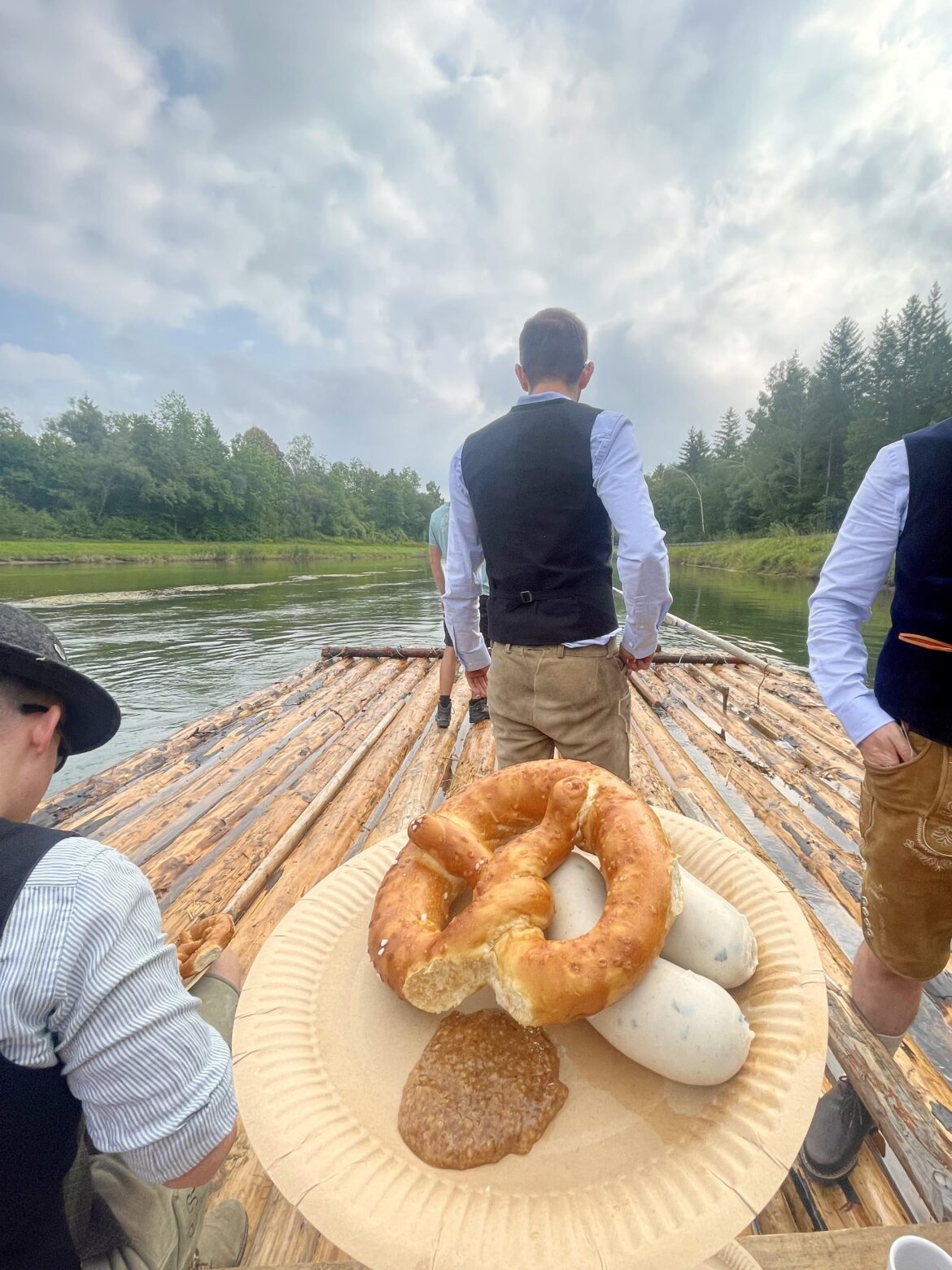 Weißwurst and a Bretzel on a Isar river raft