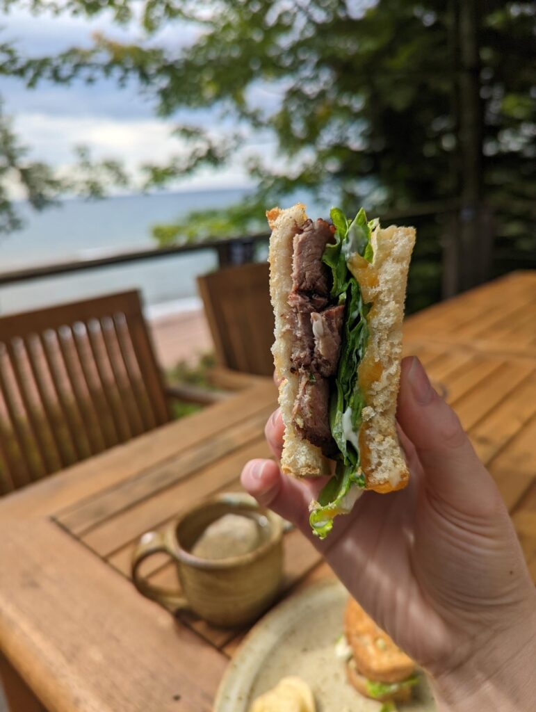 Steak sandwich at the lake house