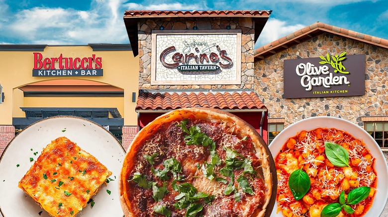 Three Italian dishes against a backdrop of three Italian restaurants