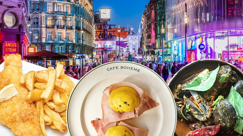 Three dishes against a busy London street background at night