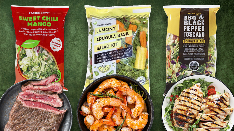 Three Trader Joe's salads with different proteins