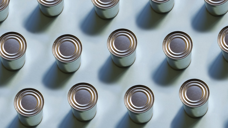 A series of lined up canned goods