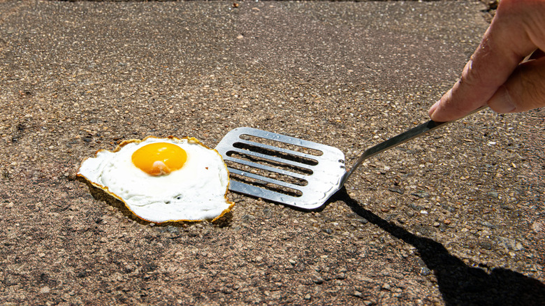 Scooping up a fried egg on sidewalk with a spatula