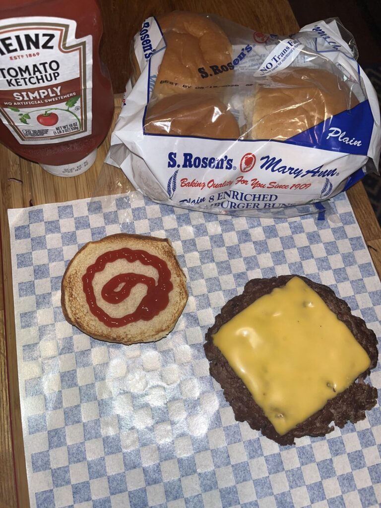 Simple catsup and American plastic cheese