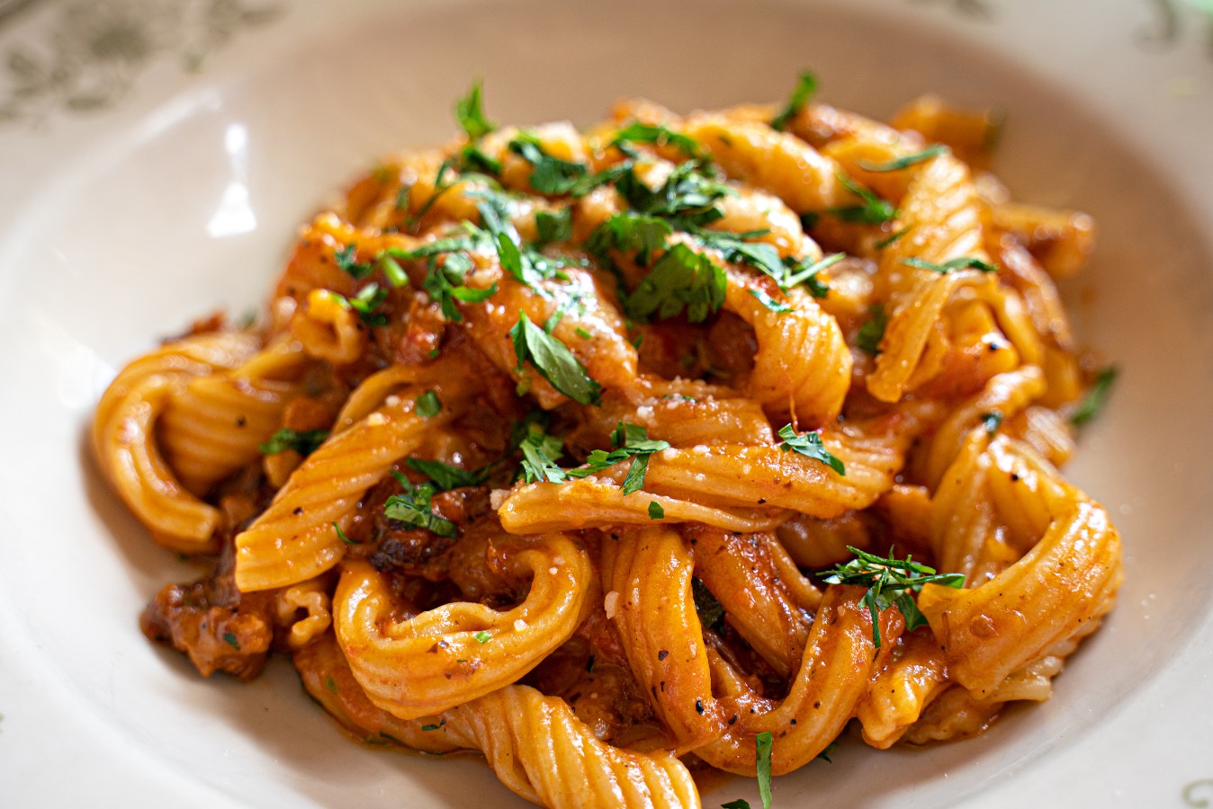 traditional italian dish of Garganelli with ragu d’Anatra in a bowl