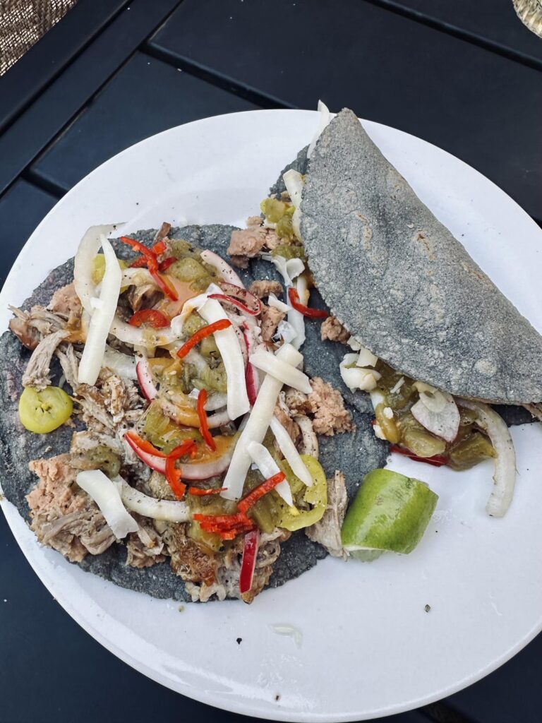 Lazy Carnitas with blue corn tortillas